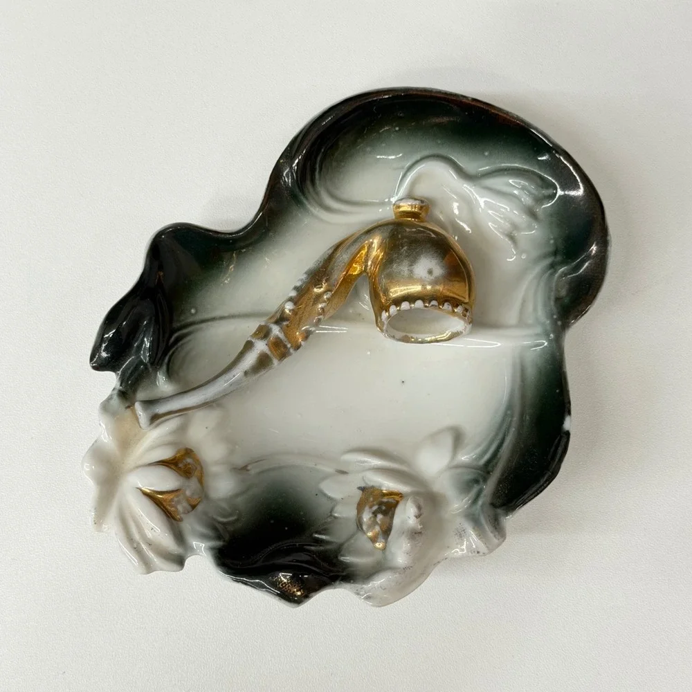 Vintage Porcelain Pipe Ashtray Trinket Dish Green Ombre Gold Gilt Figural 4.5